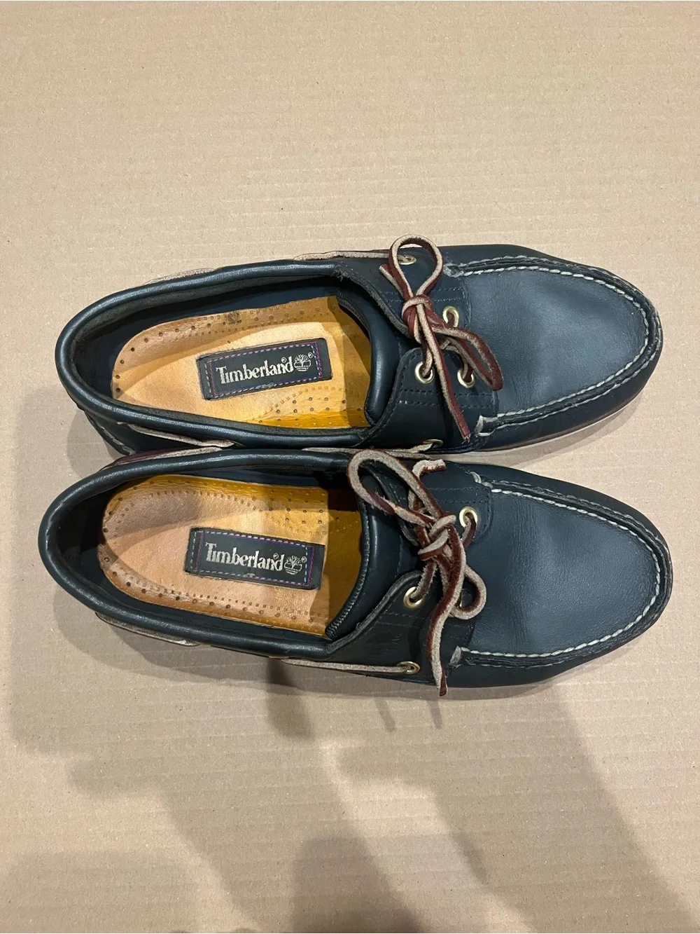 Timberland Men’s Navy Leather Boat Shoes with Brown Laces